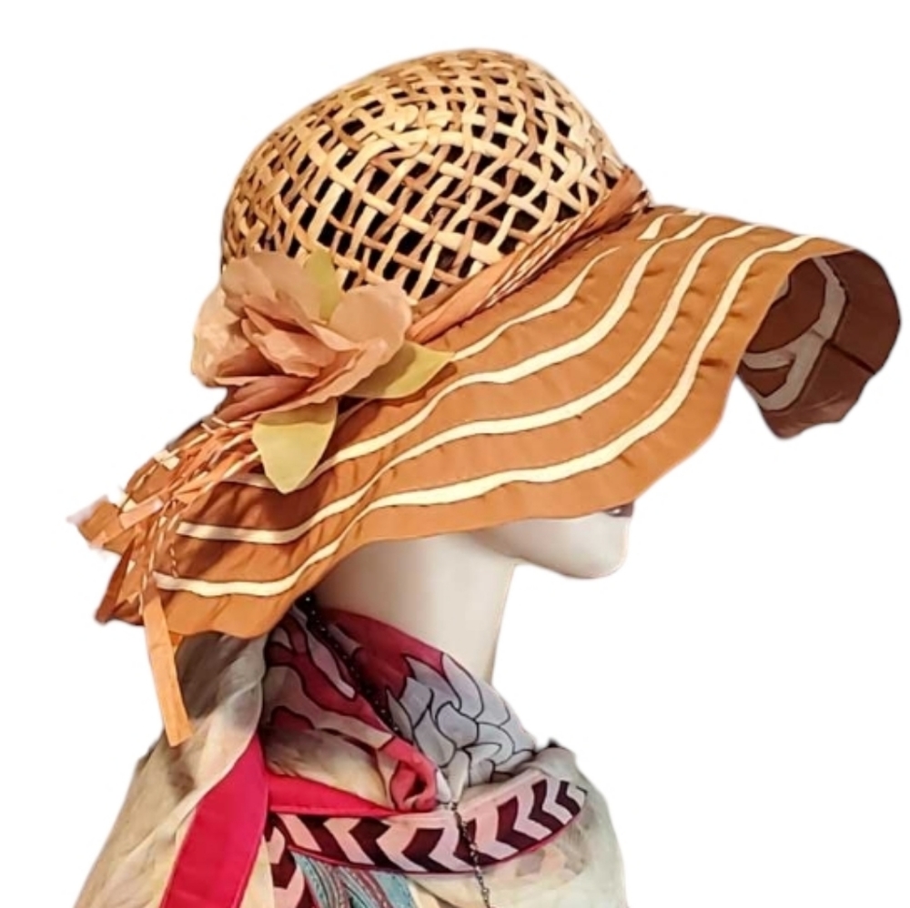 Tan & Cream Floopy Sun Hat Basket Weave Cap Tan & White Fabric Brim Country